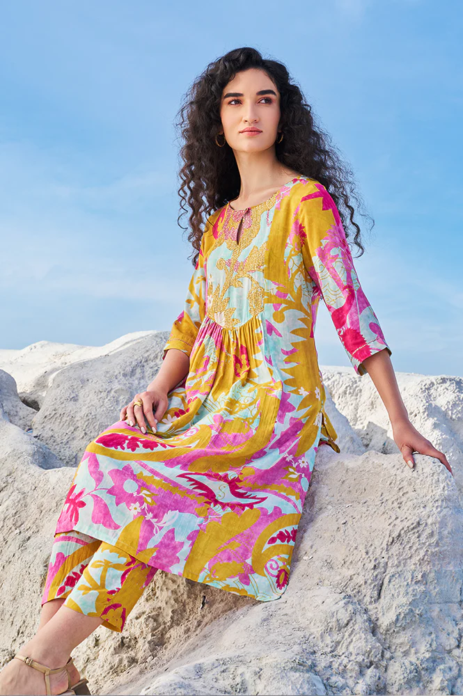 Blue Abstract Printed Sequined Yoke Satin Straight Kurta and Pants Set