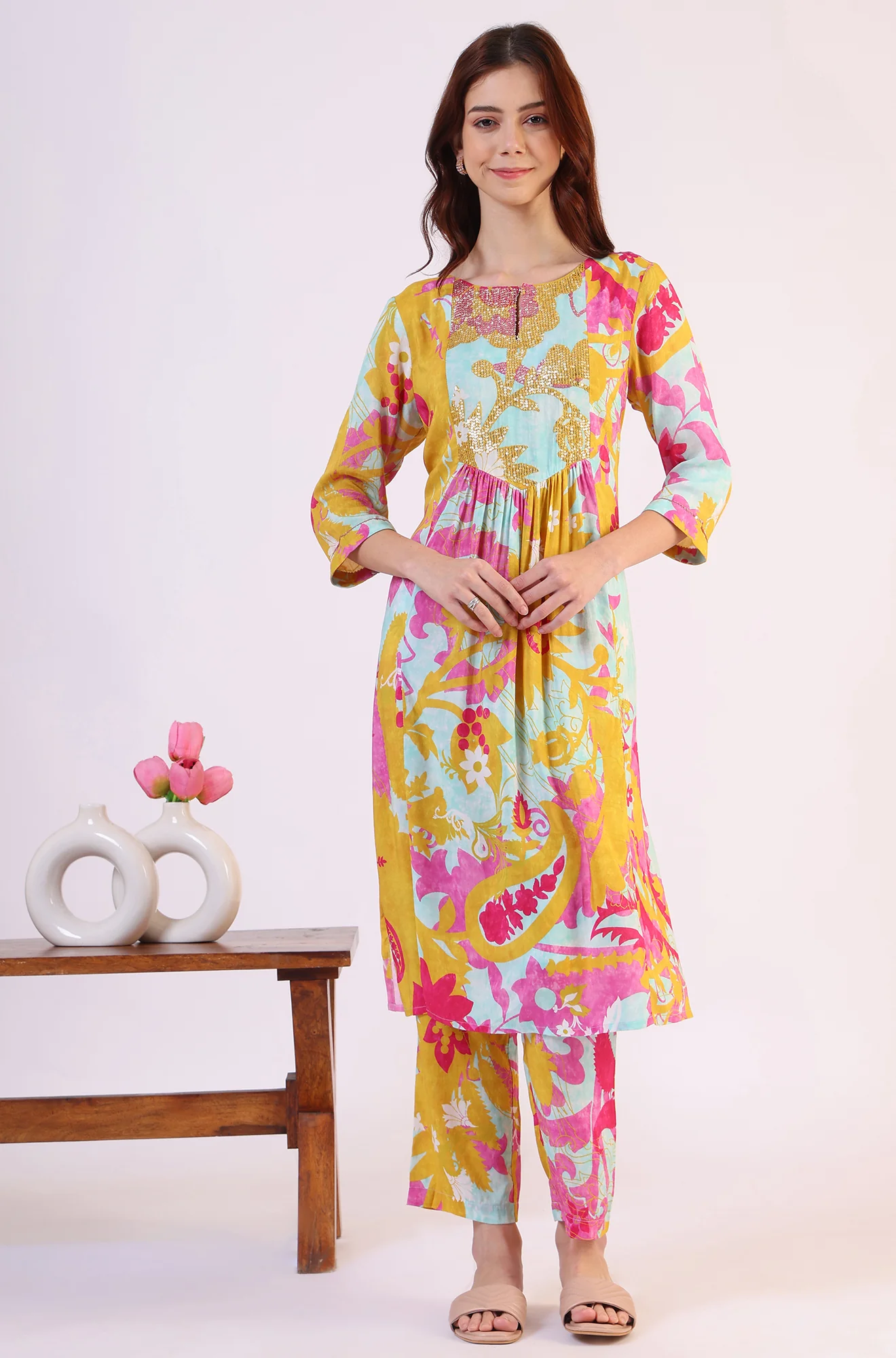 Blue Abstract Printed Sequined Yoke Satin Straight Kurta and Pants Set - Image 2