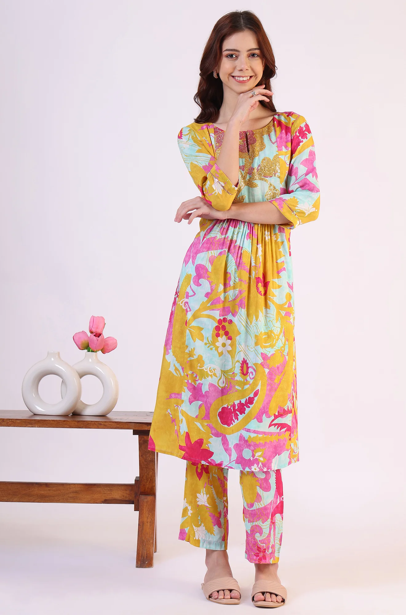 Blue Abstract Printed Sequined Yoke Satin Straight Kurta and Pants Set - Image 3