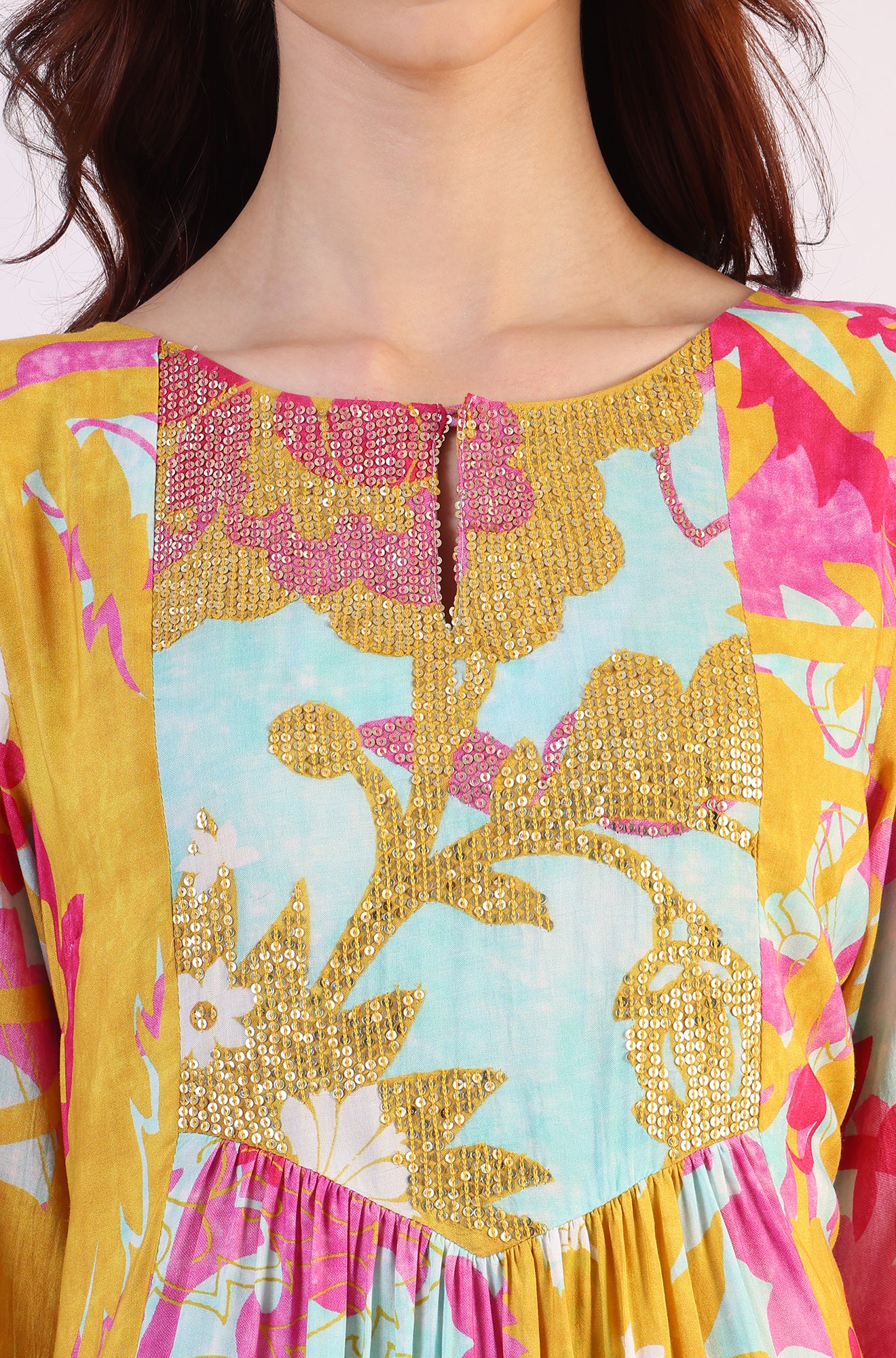Blue Abstract Printed Sequined Yoke Satin Straight Kurta and Pants Set - Image 4