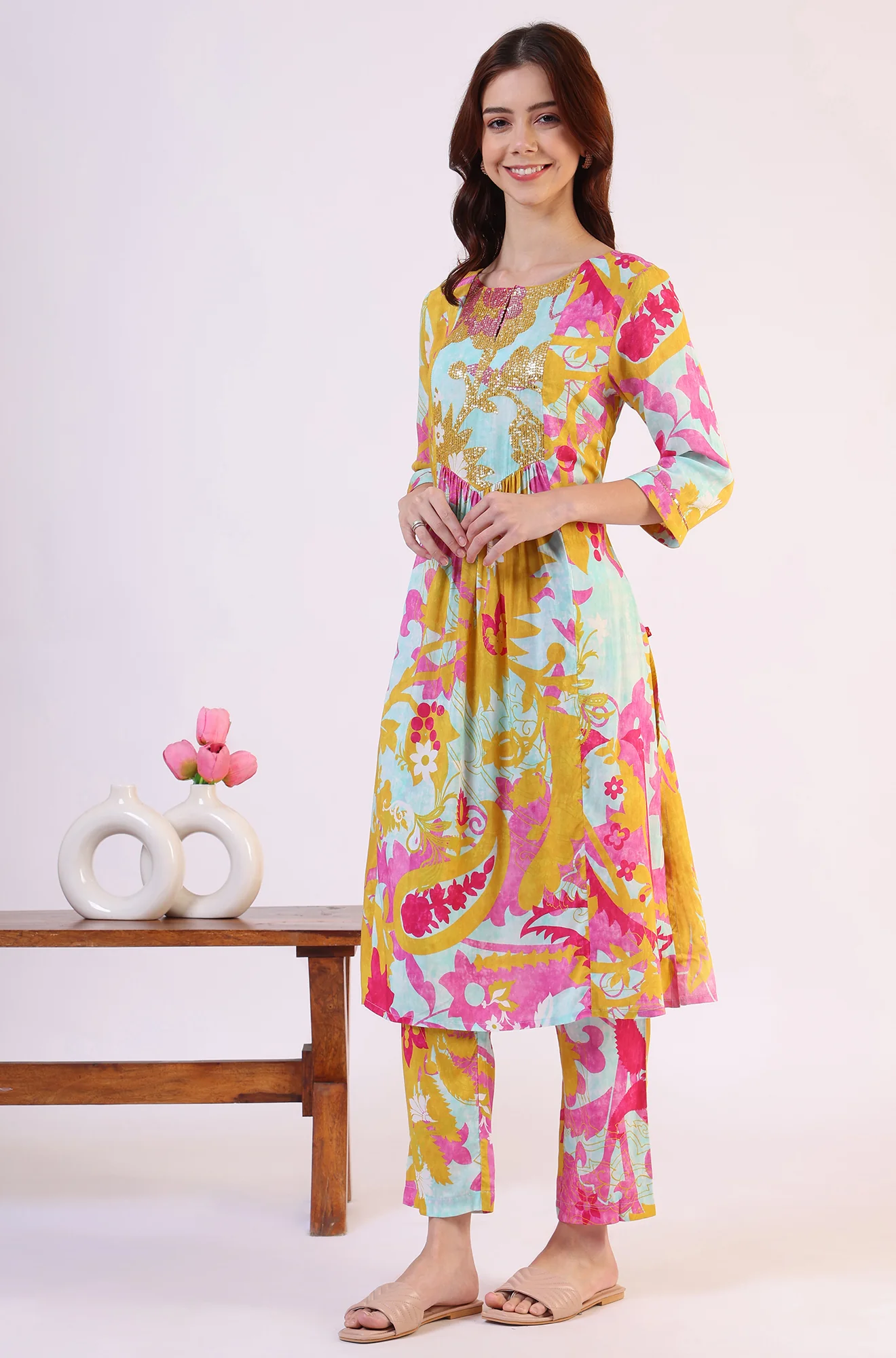Blue Abstract Printed Sequined Yoke Satin Straight Kurta and Pants Set - Image 5