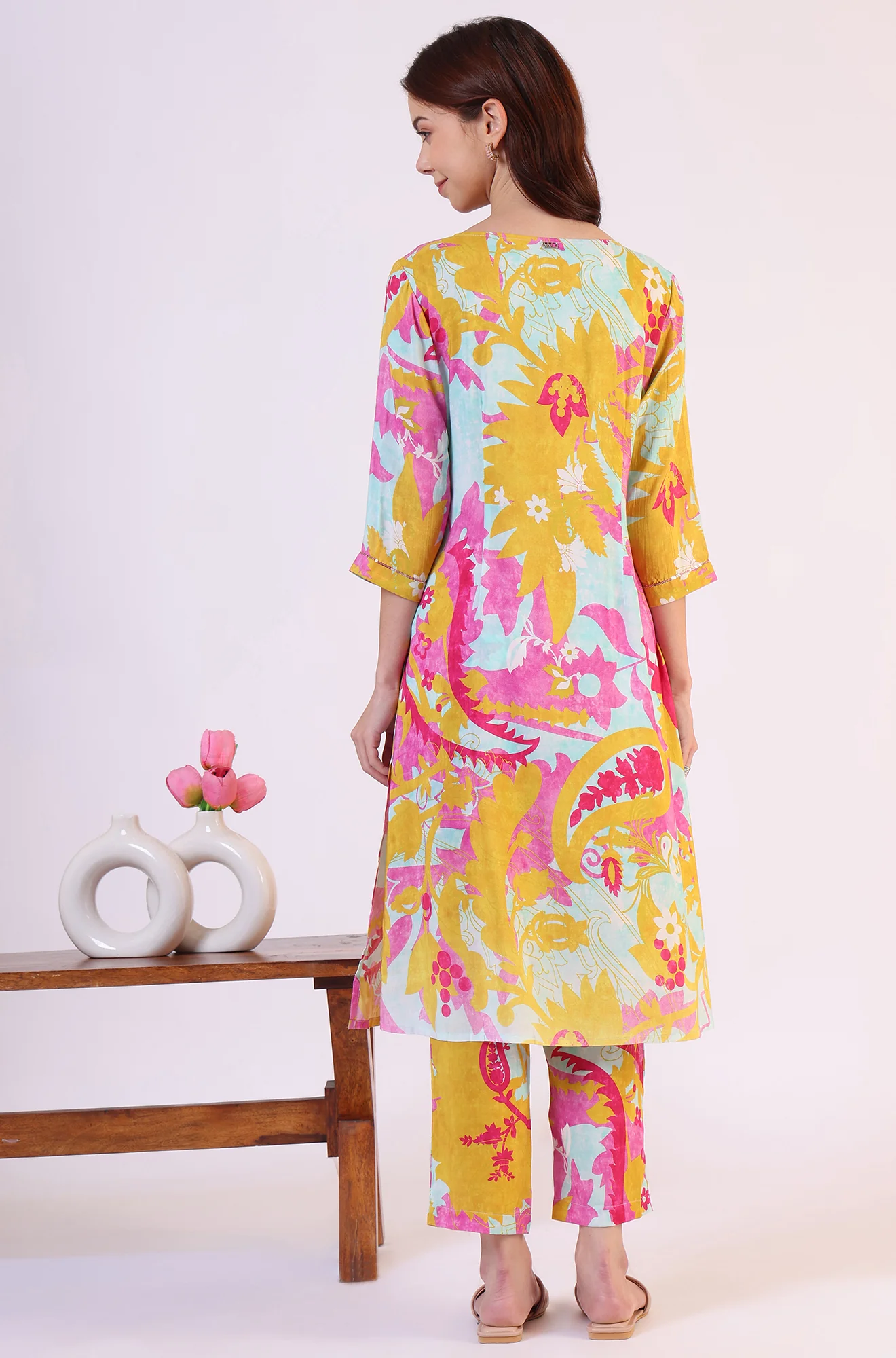 Blue Abstract Printed Sequined Yoke Satin Straight Kurta and Pants Set - Image 6