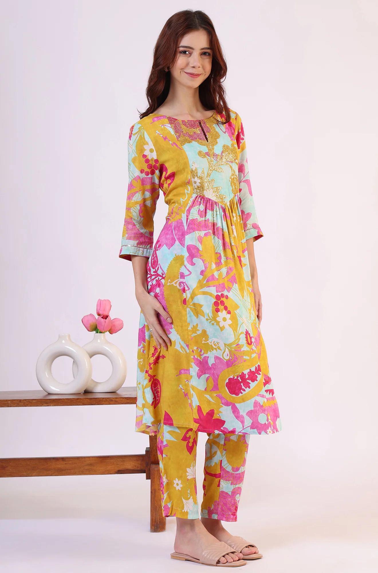Blue Abstract Printed Sequined Yoke Satin Straight Kurta and Pants Set - Image 7