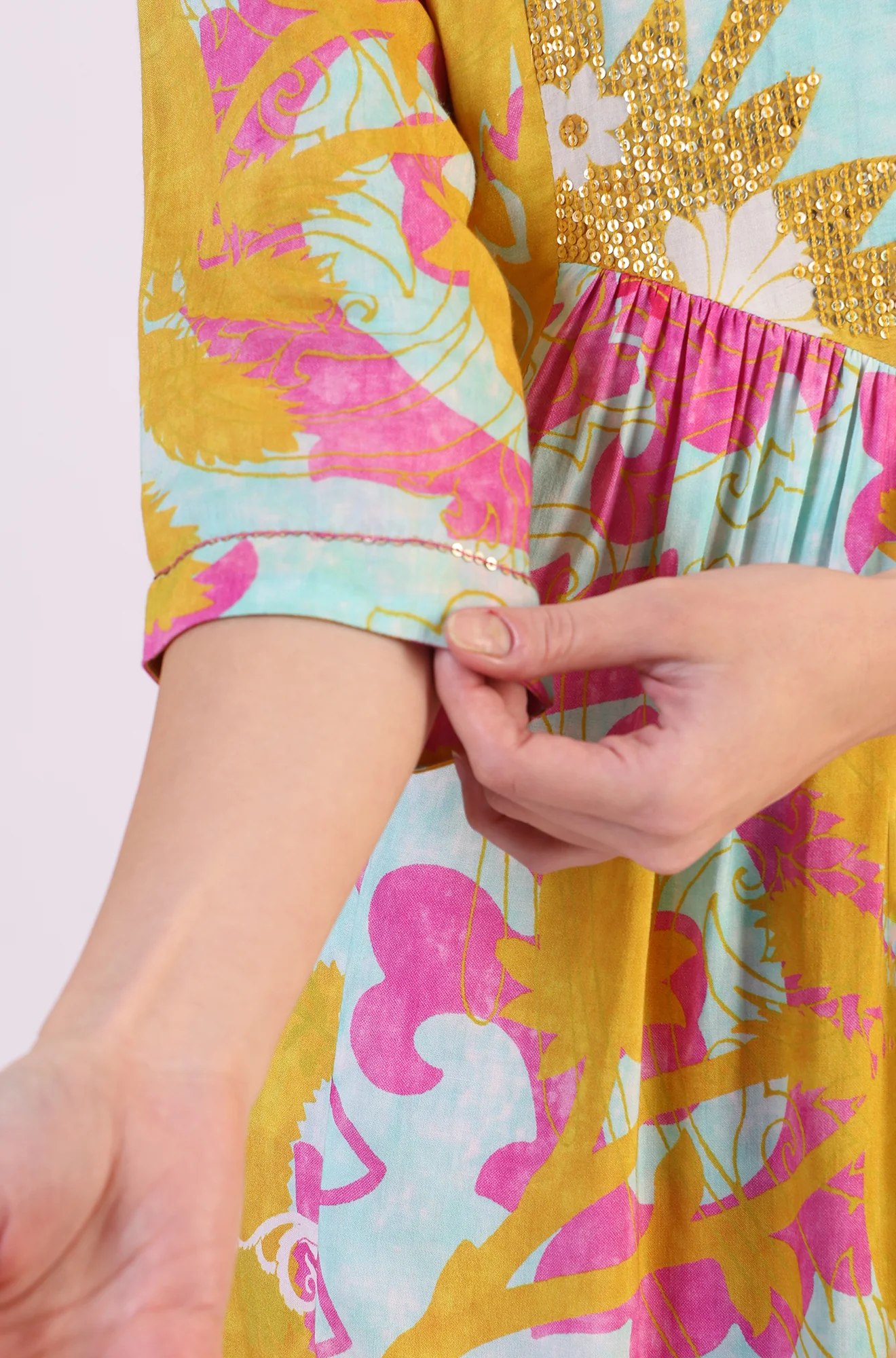 Blue Abstract Printed Sequined Yoke Satin Straight Kurta and Pants Set - Image 8