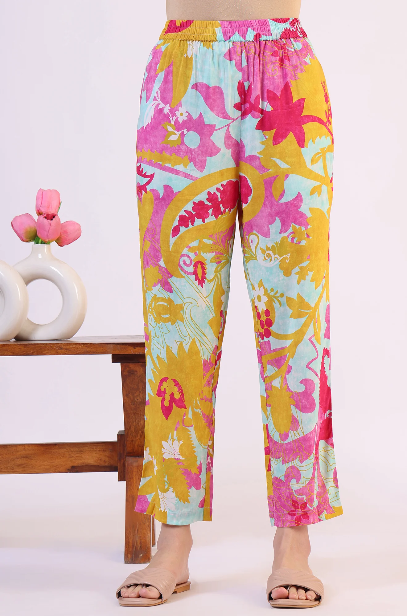 Blue Abstract Printed Sequined Yoke Satin Straight Kurta and Pants Set - Image 9