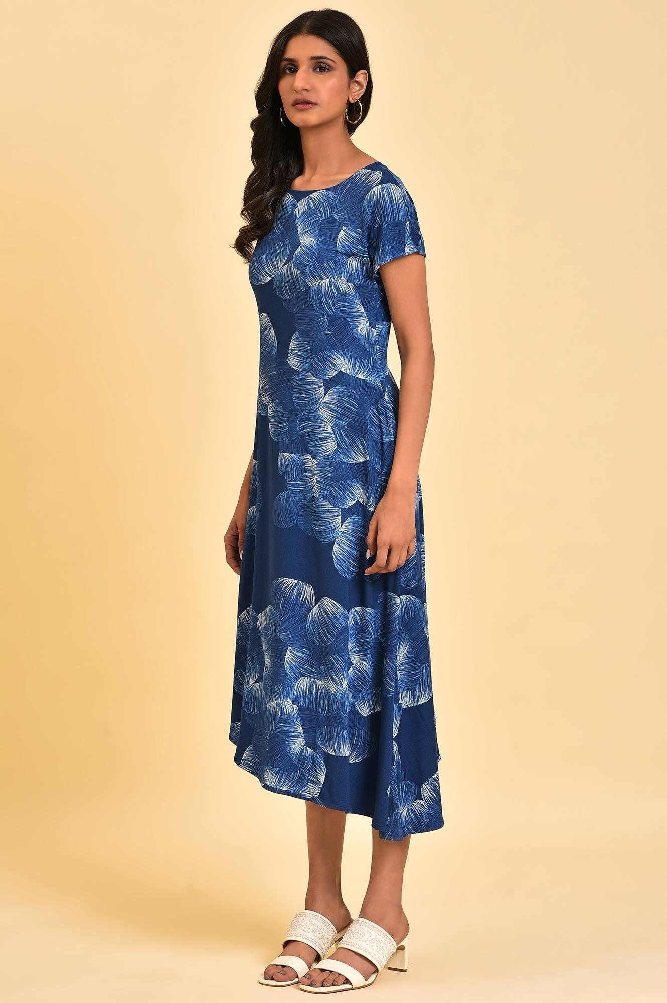 Blue Abstract Printed Waterfall Summer Dress - Image 3