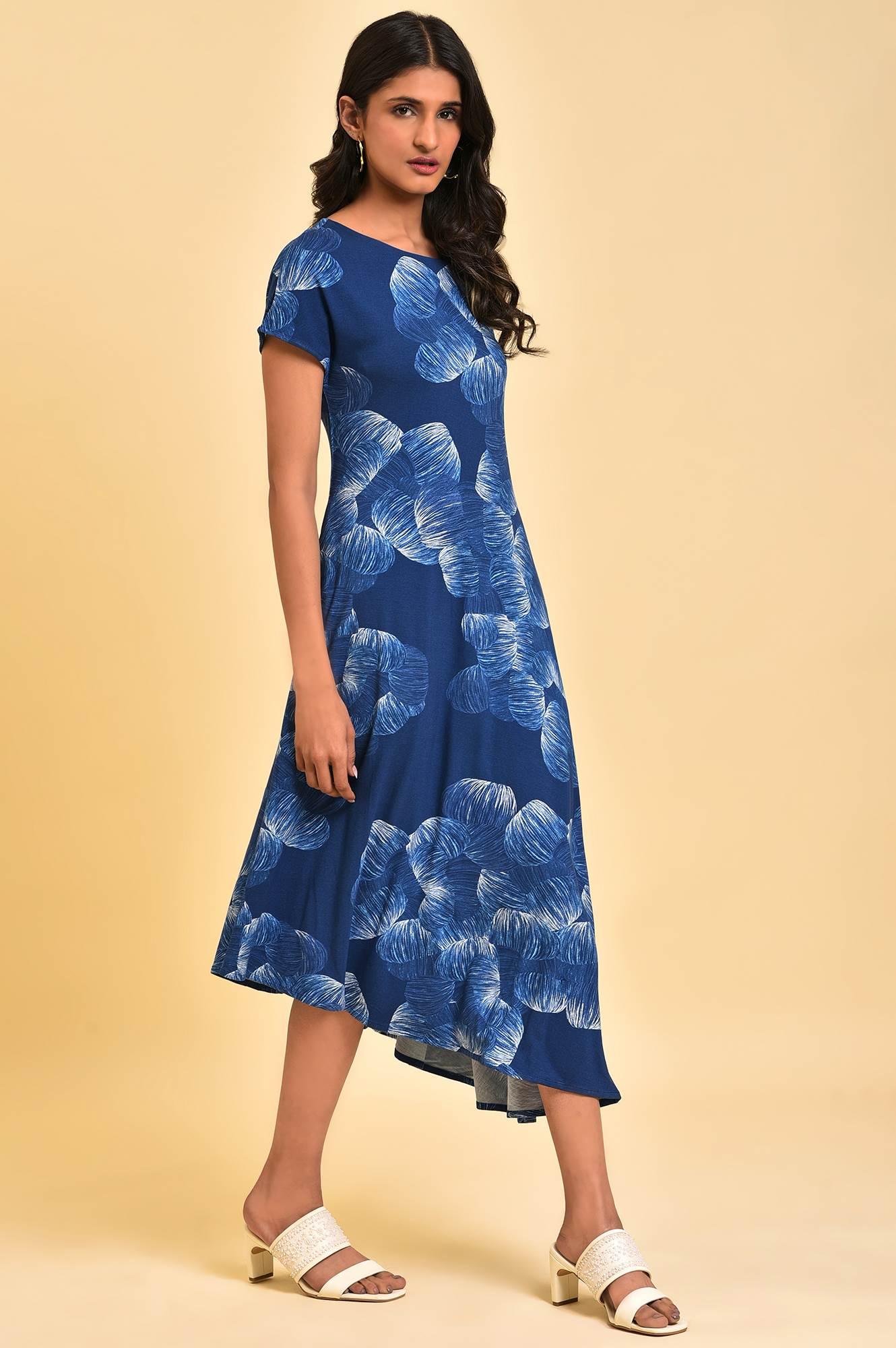 Blue Abstract Printed Waterfall Summer Dress - Image 4