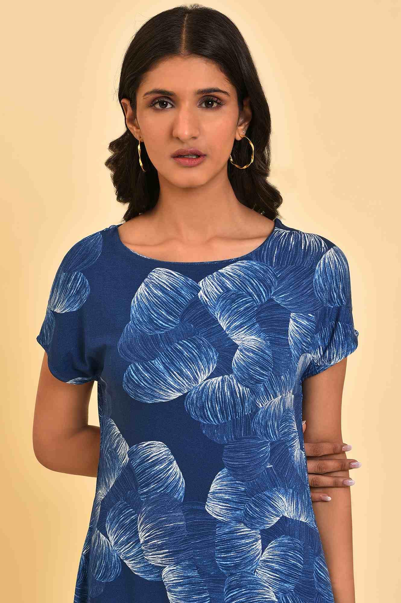 Blue Abstract Printed Waterfall Summer Dress - Image 5