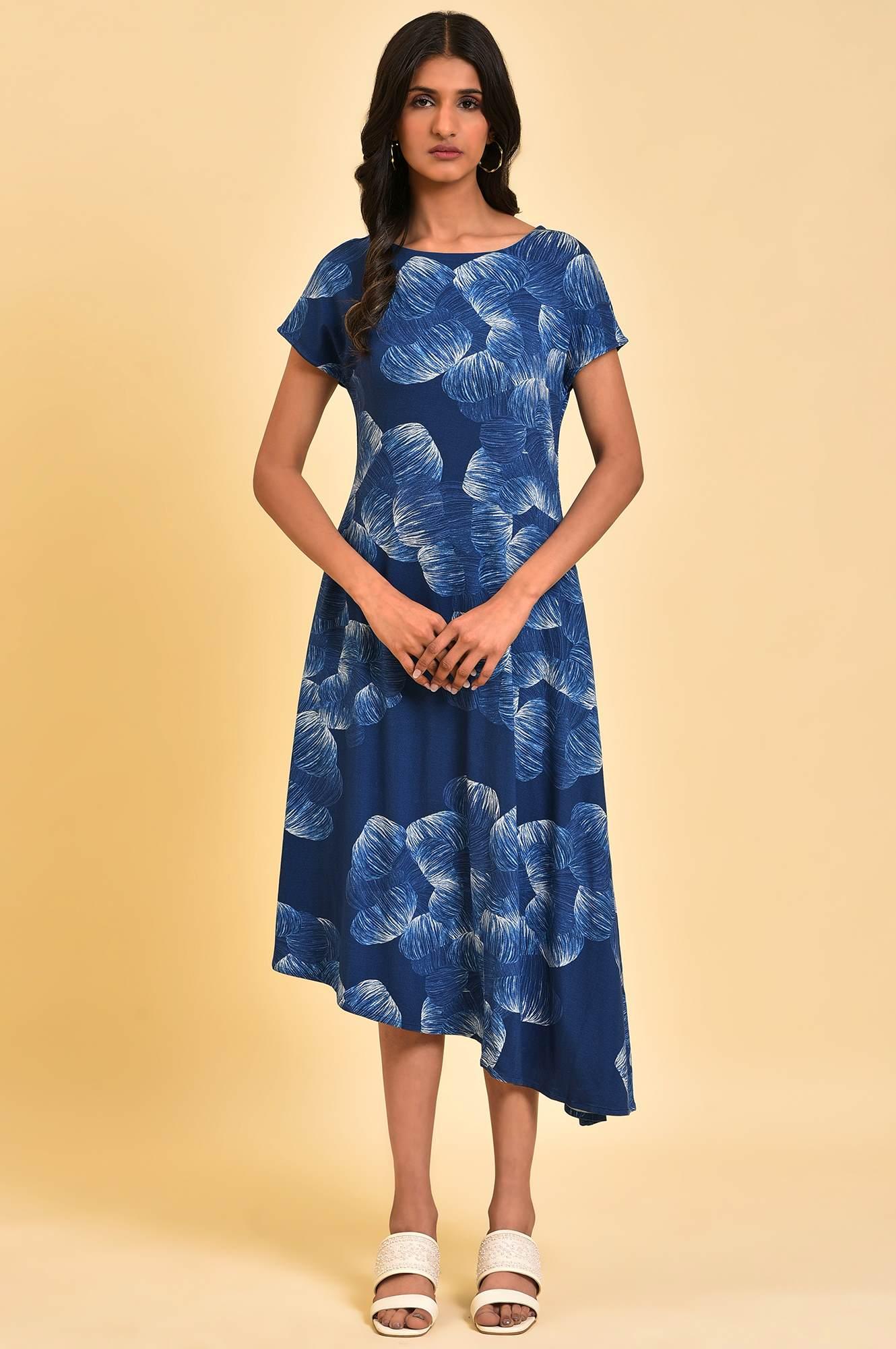 Blue Abstract Printed Waterfall Summer Dress - Image 6