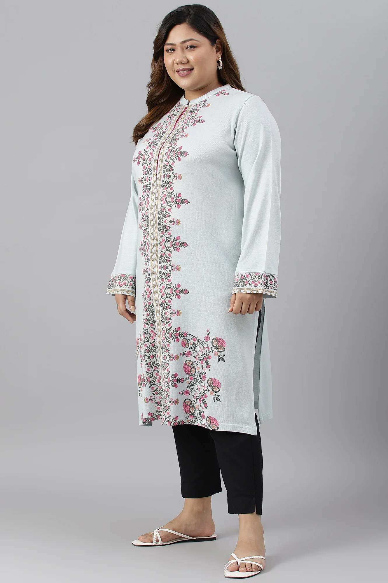 Blue Acrylic Printed Plus Size Winter kurta - Image 4