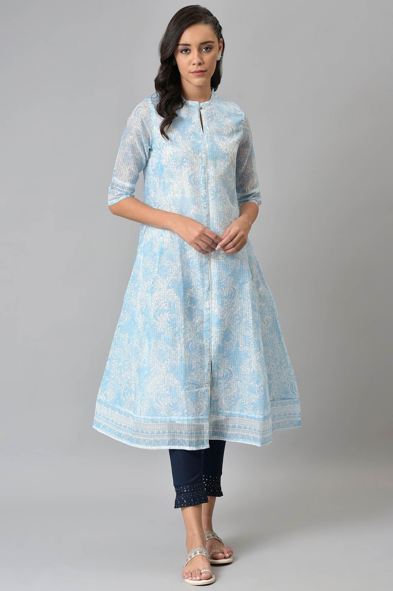 Blue And Ecru Printed Kota kurta