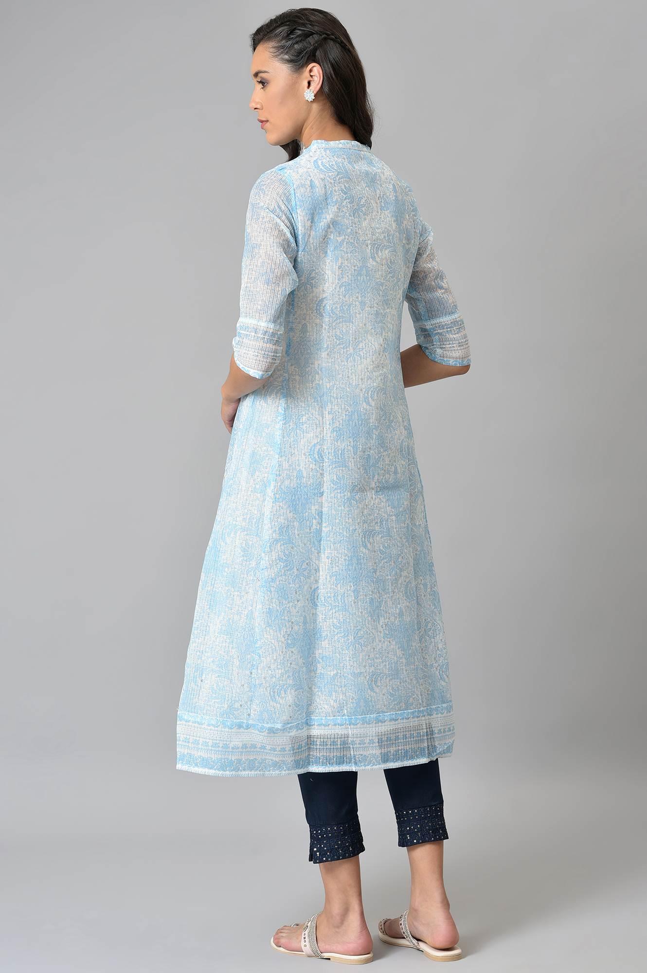Blue And Ecru Printed Kota kurta - Image 2