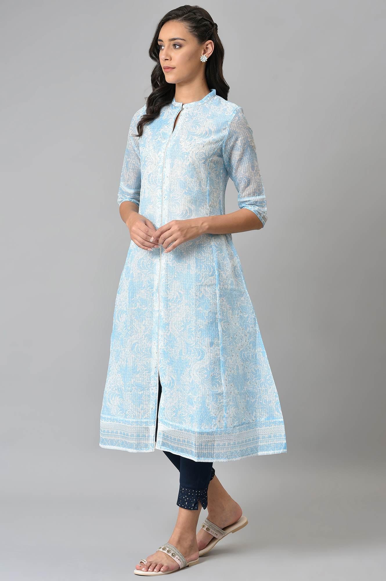 Blue And Ecru Printed Kota kurta - Image 3