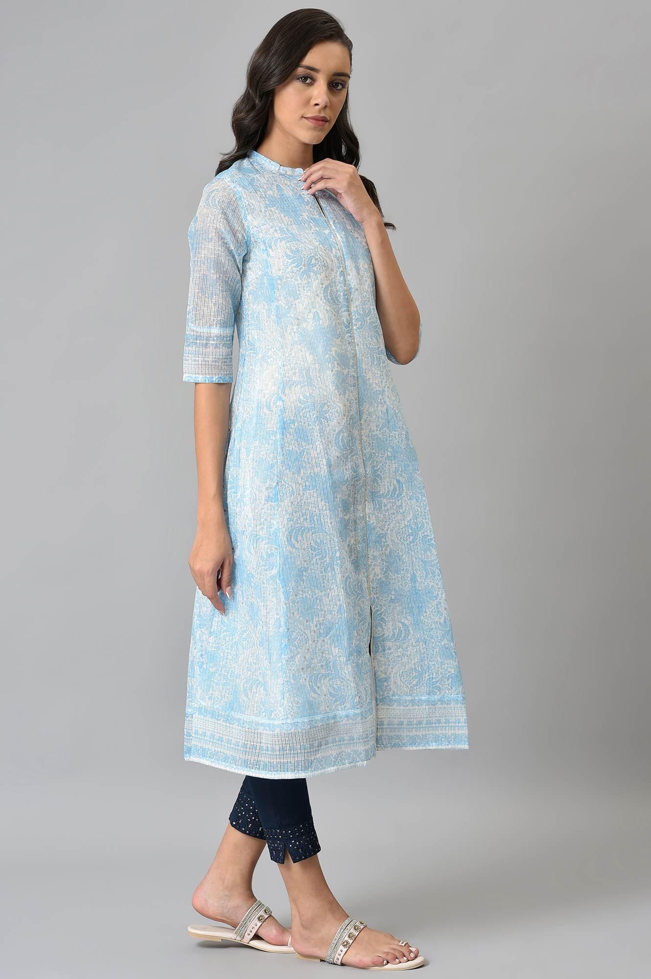 Blue And Ecru Printed Kota kurta - Image 4