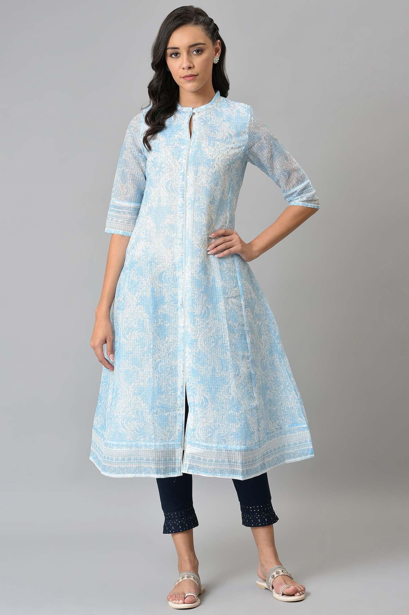Blue And Ecru Printed Kota kurta - Image 5