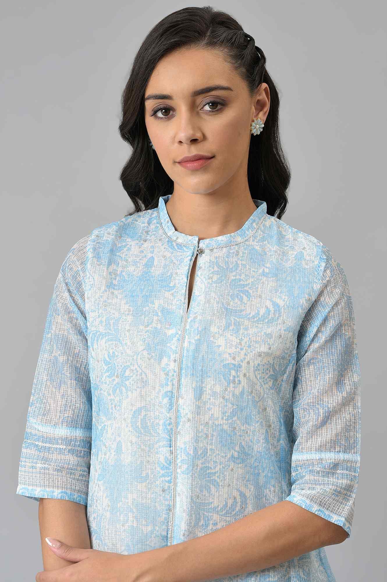 Blue And Ecru Printed Kota kurta - Image 6