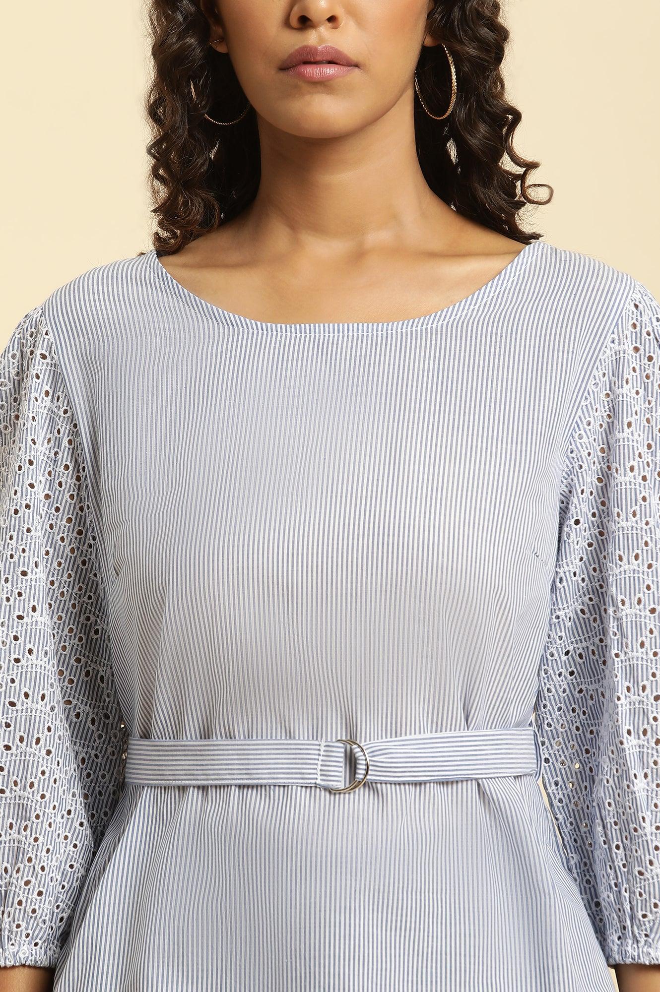 Blue And White Stripe Printed Top With Embroidered Sleeves - Image 6