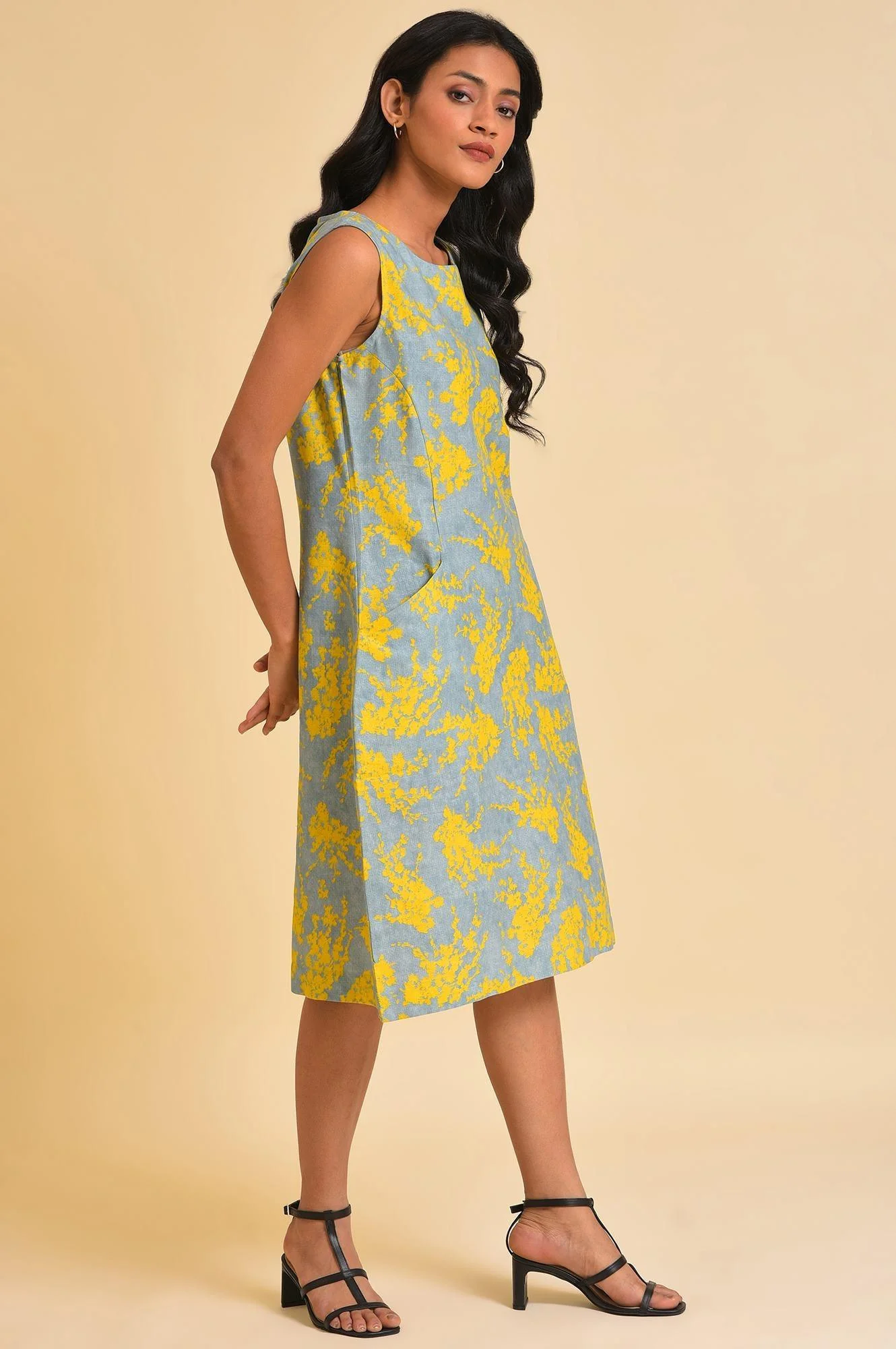 Blue And Yellow Abstract Print Western Dress - Image 4