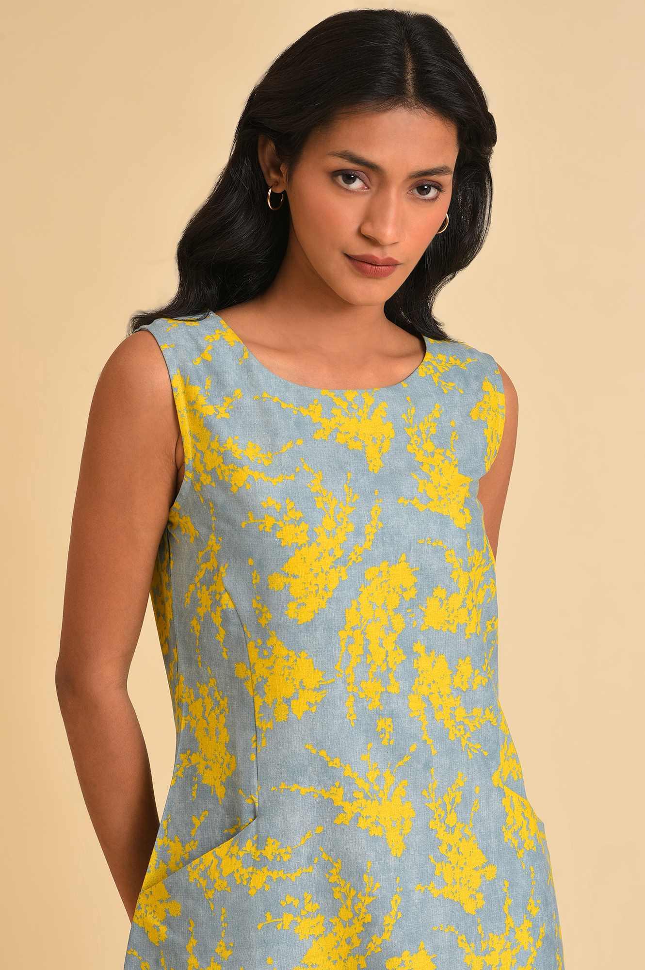 Blue And Yellow Abstract Print Western Dress - Image 5
