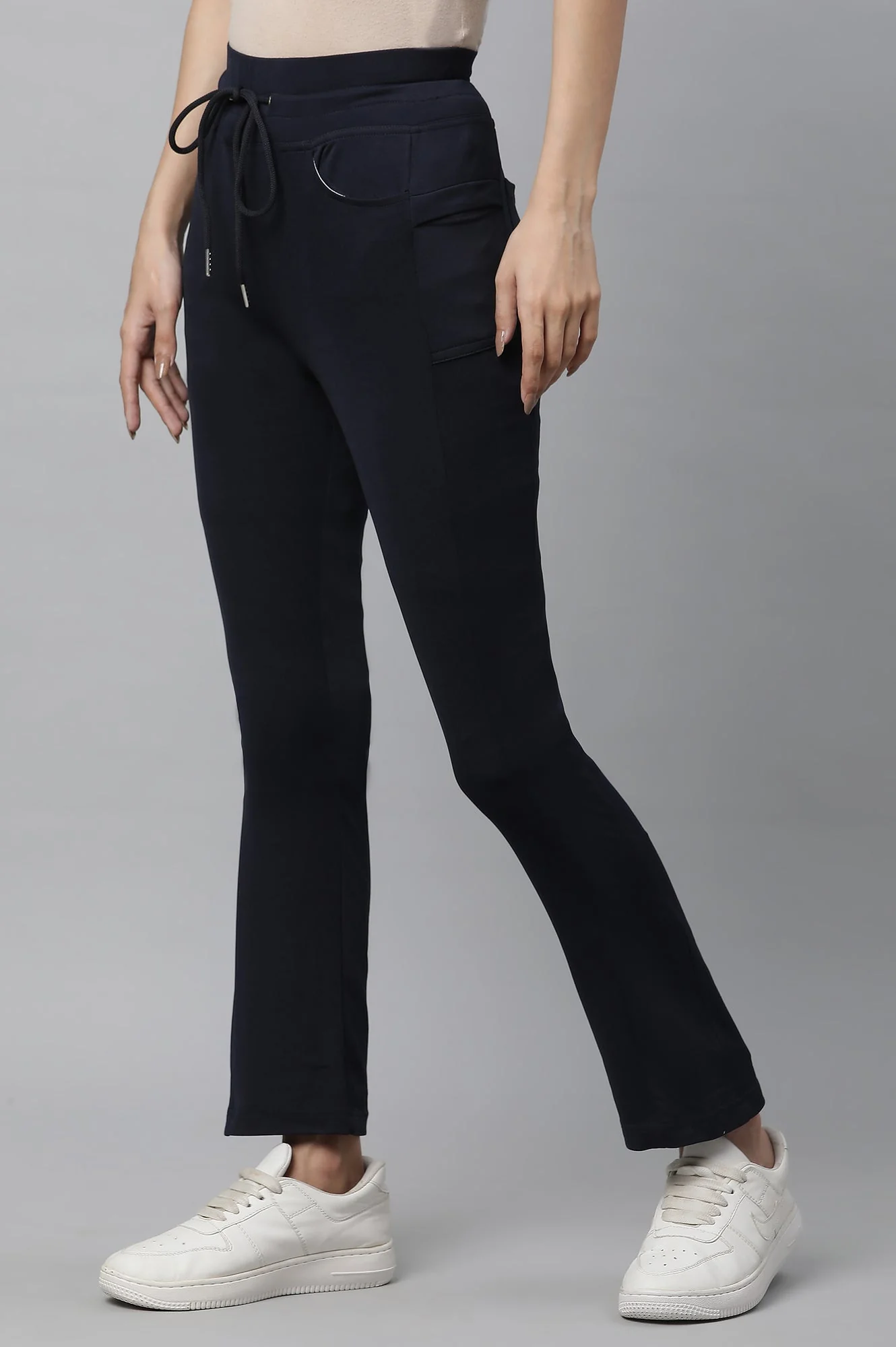 Elleven Women's Navy Blue Solid Boot Cut Pants With Drawstring - Image 2