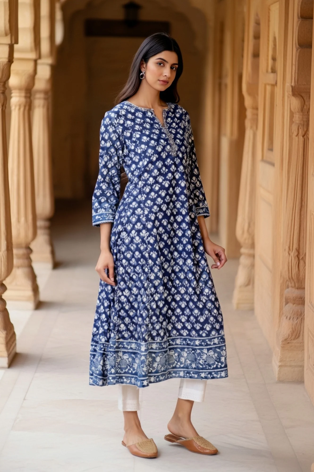 Blue Block Print Mirror Work Flared Cotton Kurta - Image 4