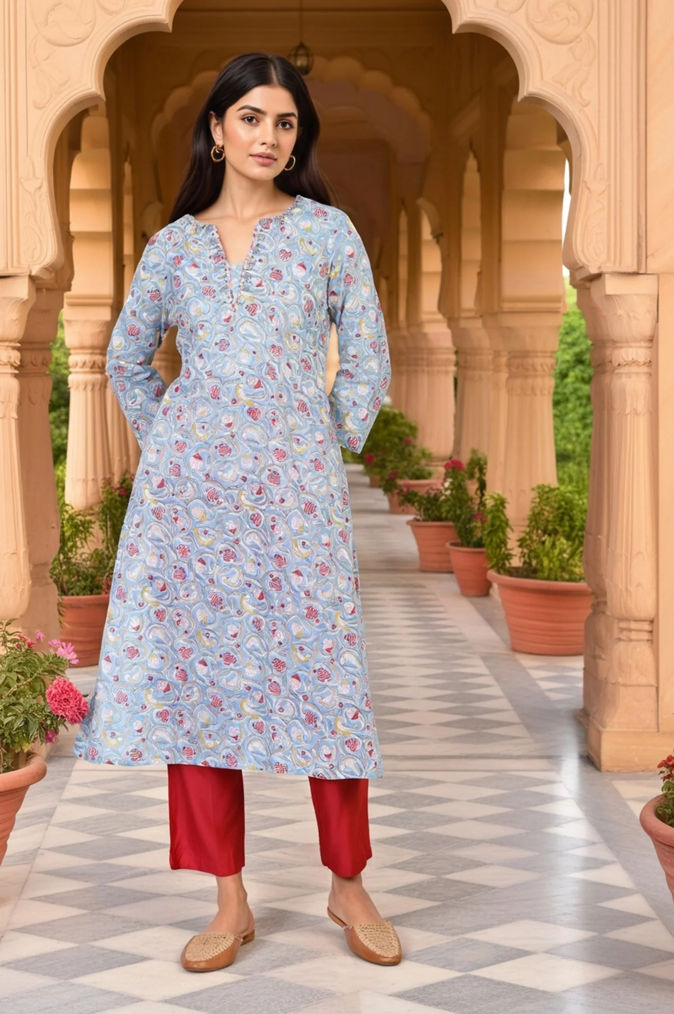 Blue Block Print Mirror Work Straight Cotton Kurta - Image 2