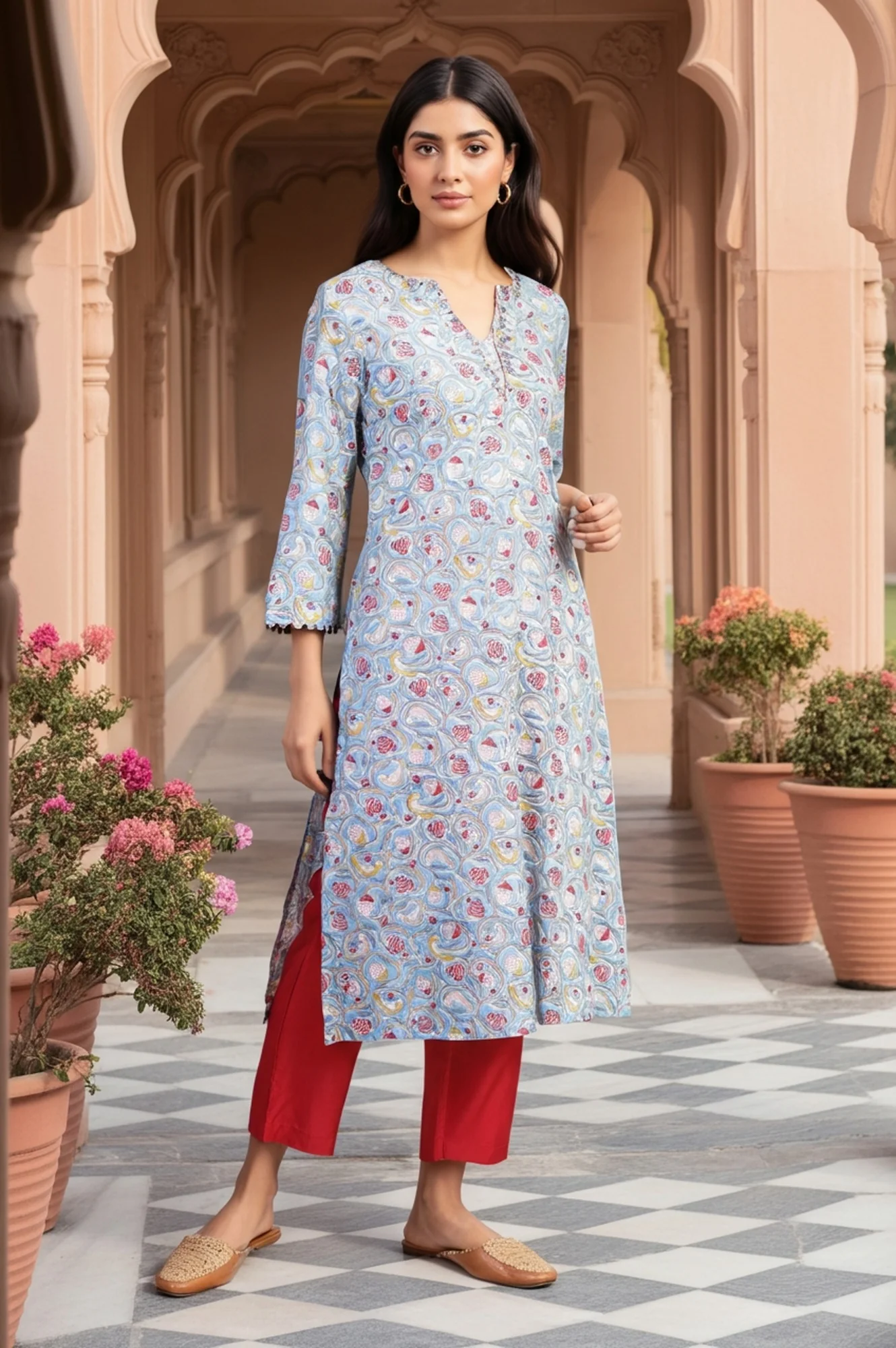 Blue Block Print Mirror Work Straight Cotton Kurta - Image 4