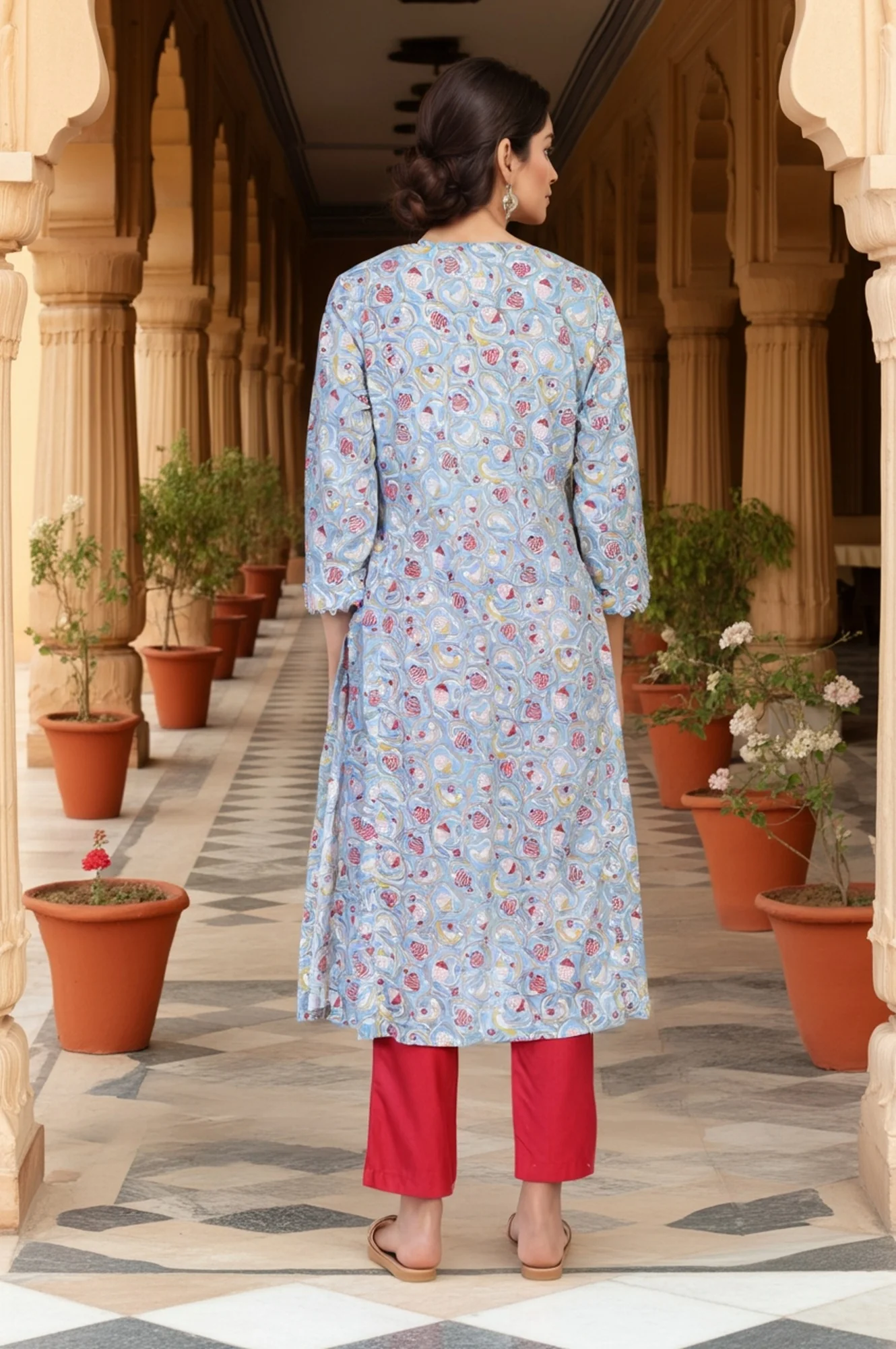Blue Block Print Mirror Work Straight Cotton Kurta - Image 5