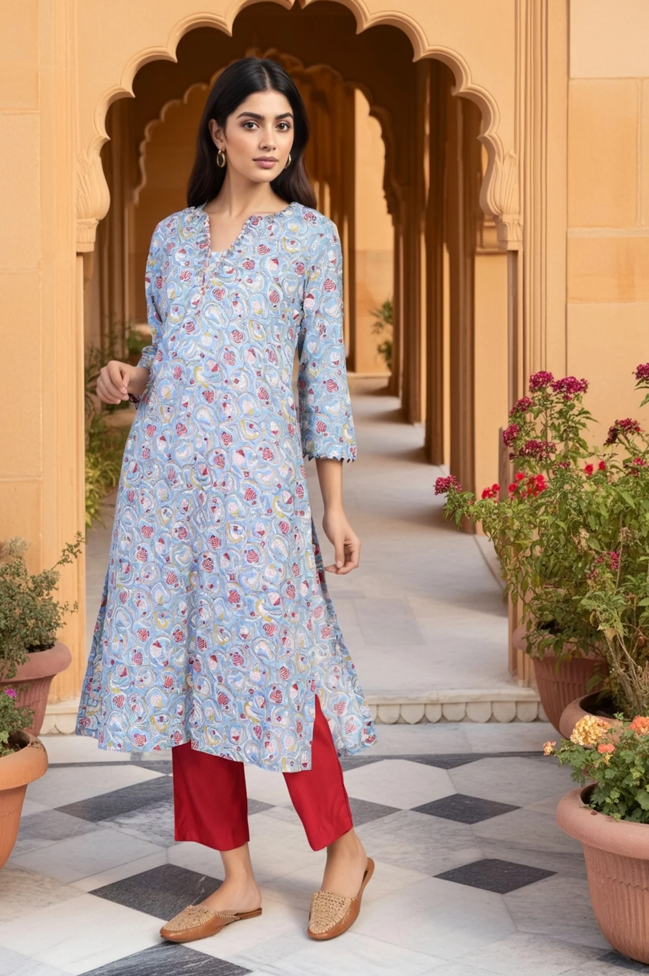 Blue Block Print Mirror Work Straight Cotton Kurta - Image 6