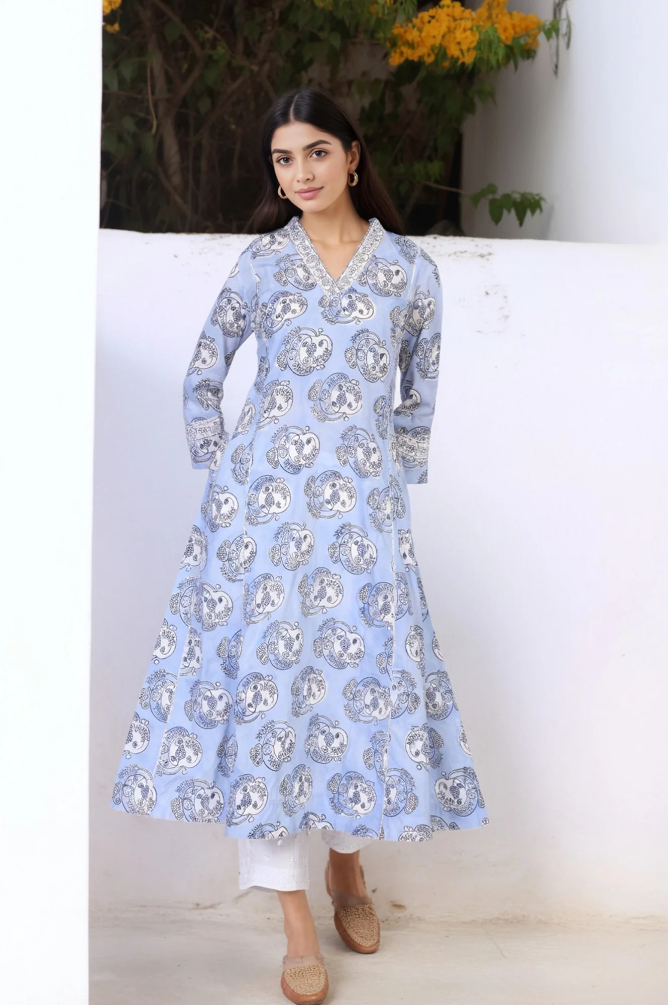 Blue Block Print Sequined Flared Cotton Kurta - Image 2