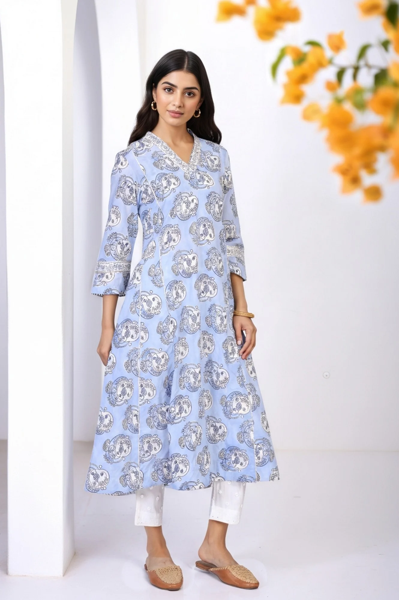 Blue Block Print Sequined Flared Cotton Kurta - Image 4