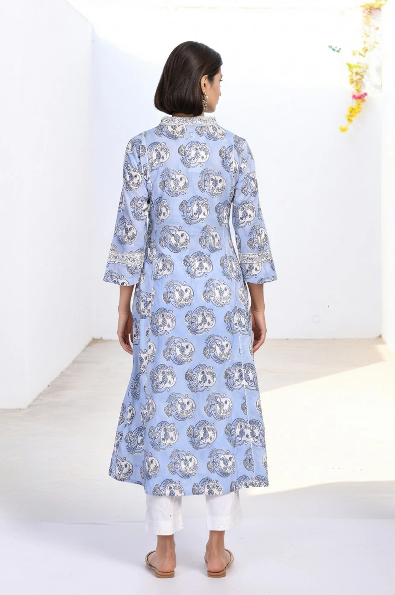 Blue Block Print Sequined Flared Cotton Kurta - Image 5
