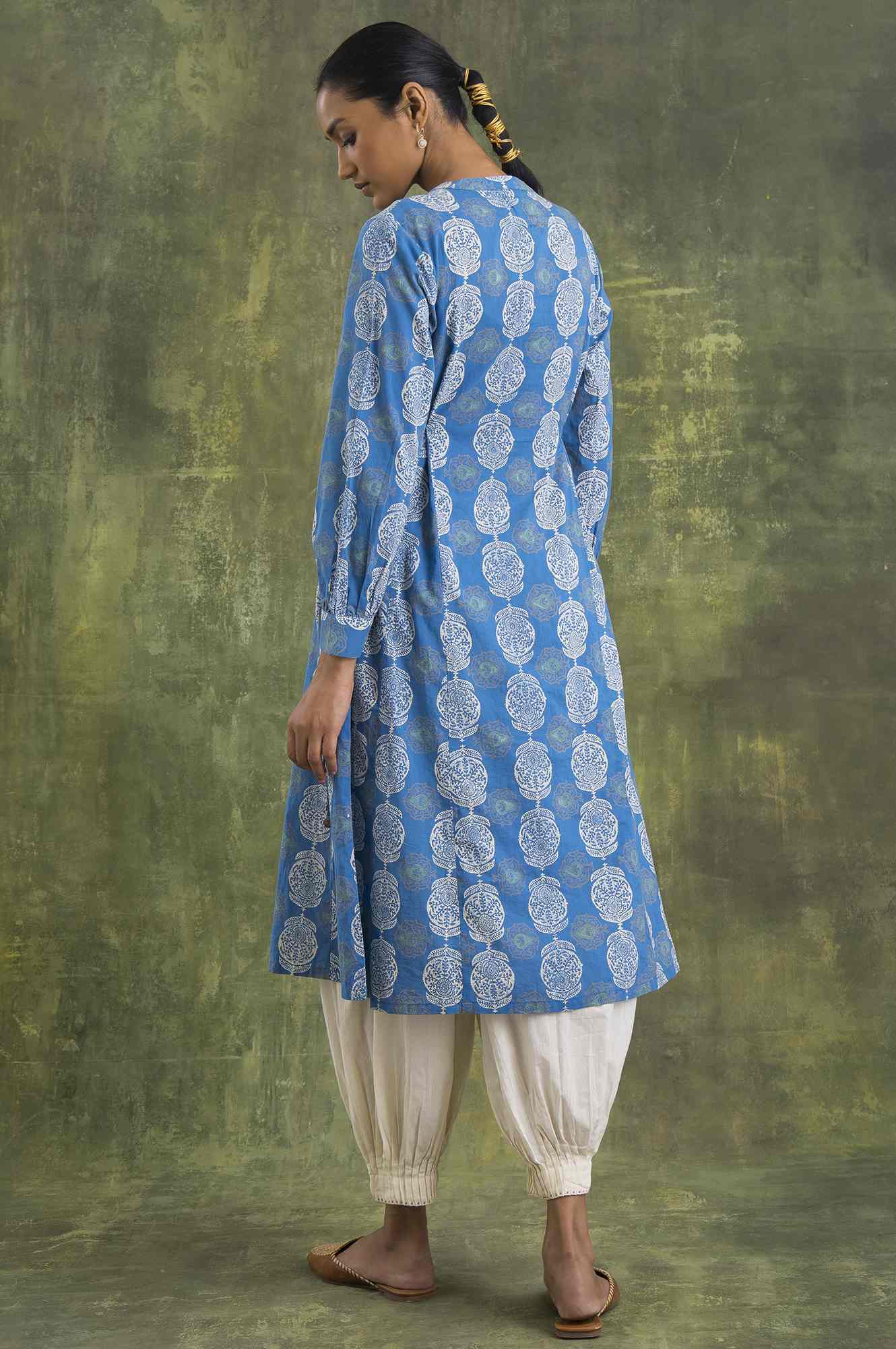 Blue Block Printed Flared kurta - Image 2