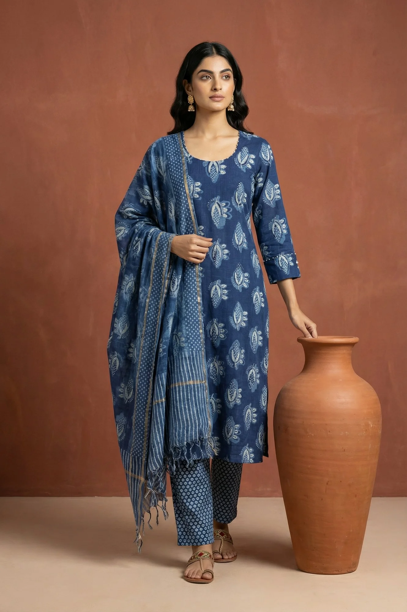 Blue Block Printed Floral Pure Cotton Straight Kurta with Pants and Dupatta Set