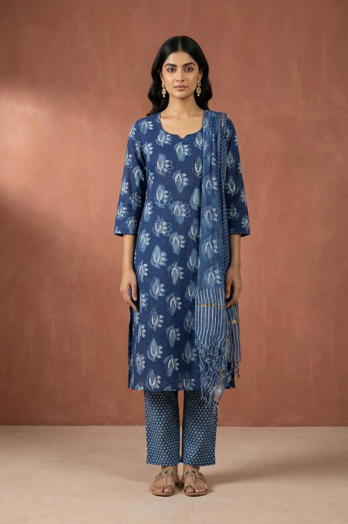 Blue Block Printed Floral Pure Cotton Straight Kurta with Pants and Dupatta Set - Image 2