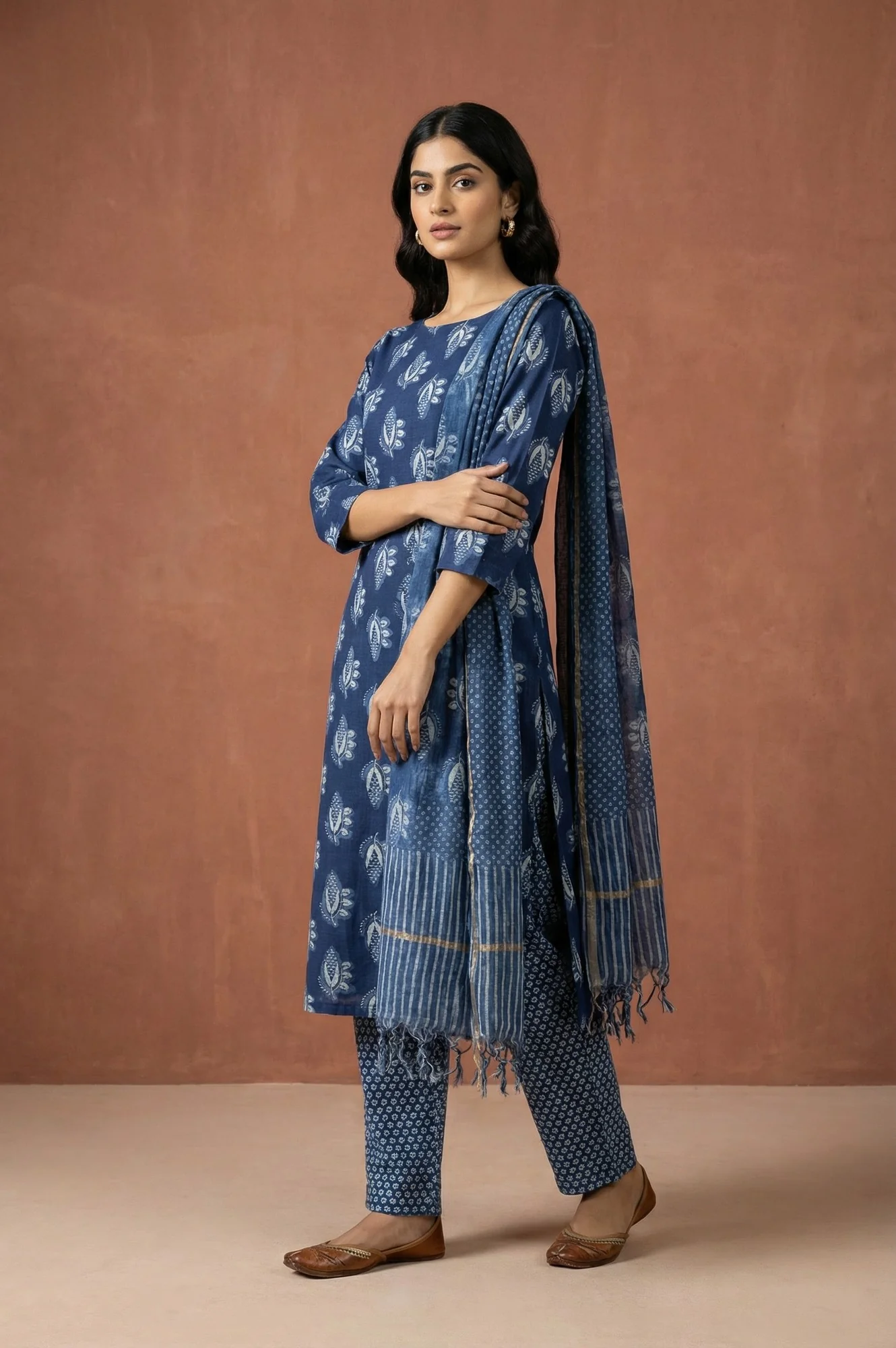 Blue Block Printed Floral Pure Cotton Straight Kurta with Pants and Dupatta Set - Image 4