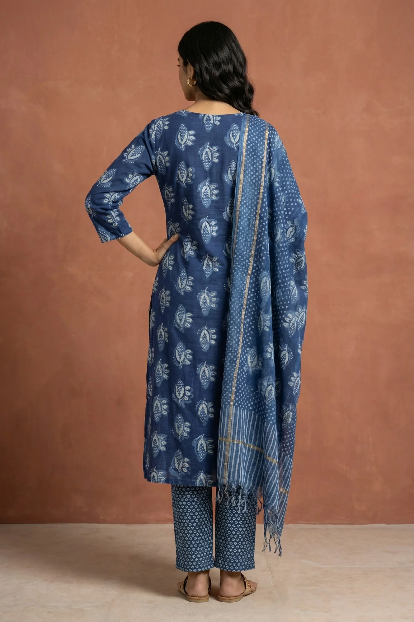 Blue Block Printed Floral Pure Cotton Straight Kurta with Pants and Dupatta Set - Image 5