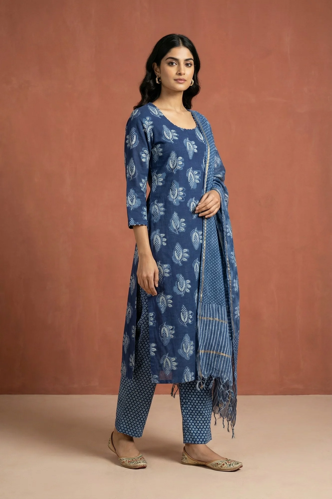 Blue Block Printed Floral Pure Cotton Straight Kurta with Pants and Dupatta Set - Image 6