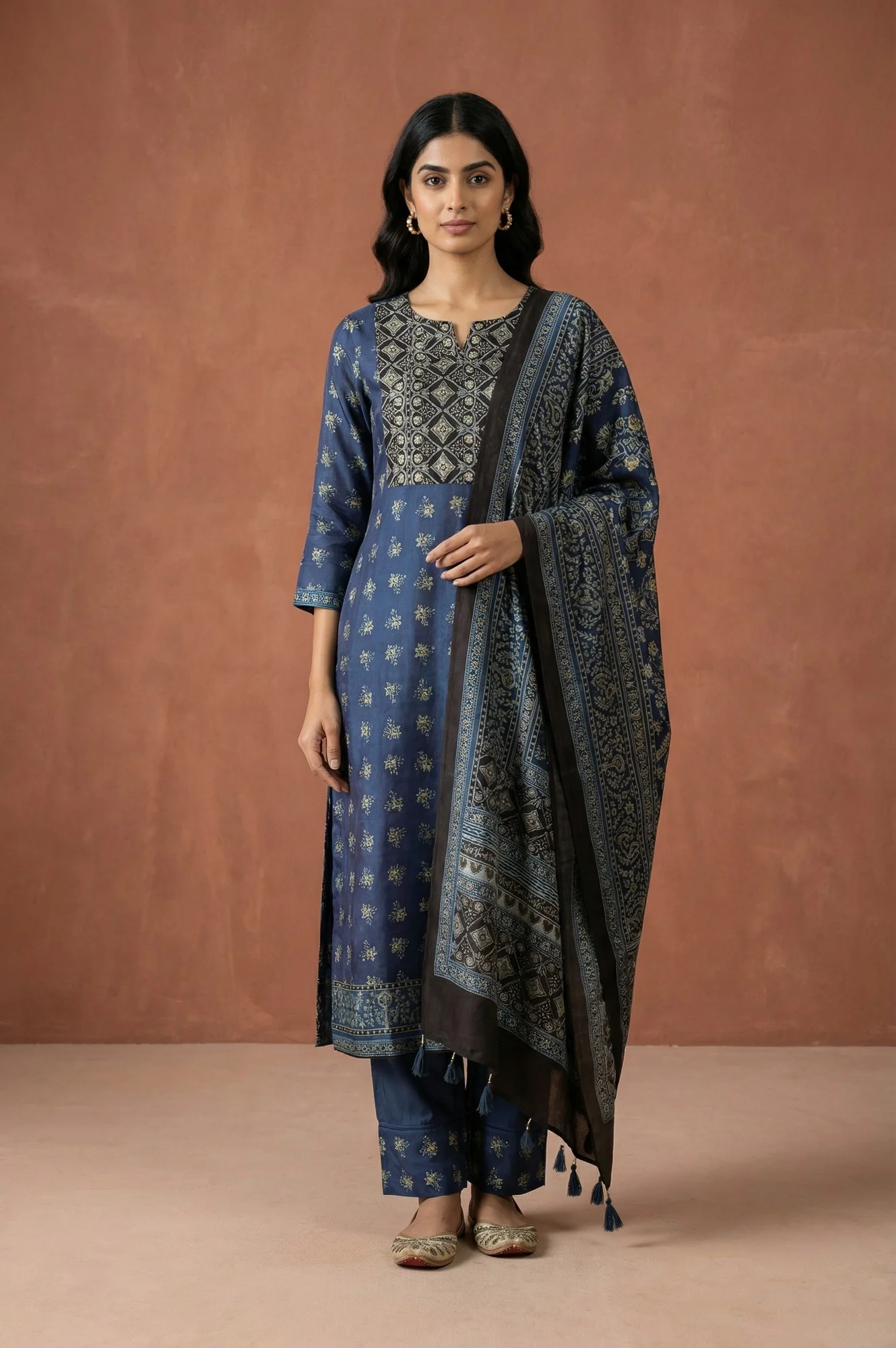 Blue Block Printed Floral Satin Straight Kurta with Parallel Pants and Dupatta Set - Image 2