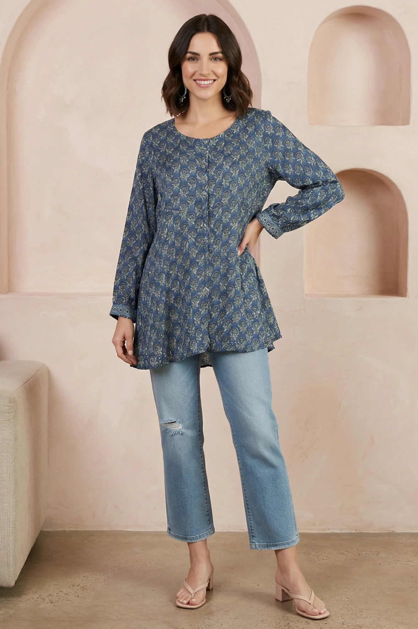 Blue Block Printed Modal Satin A-line Top - Image 3