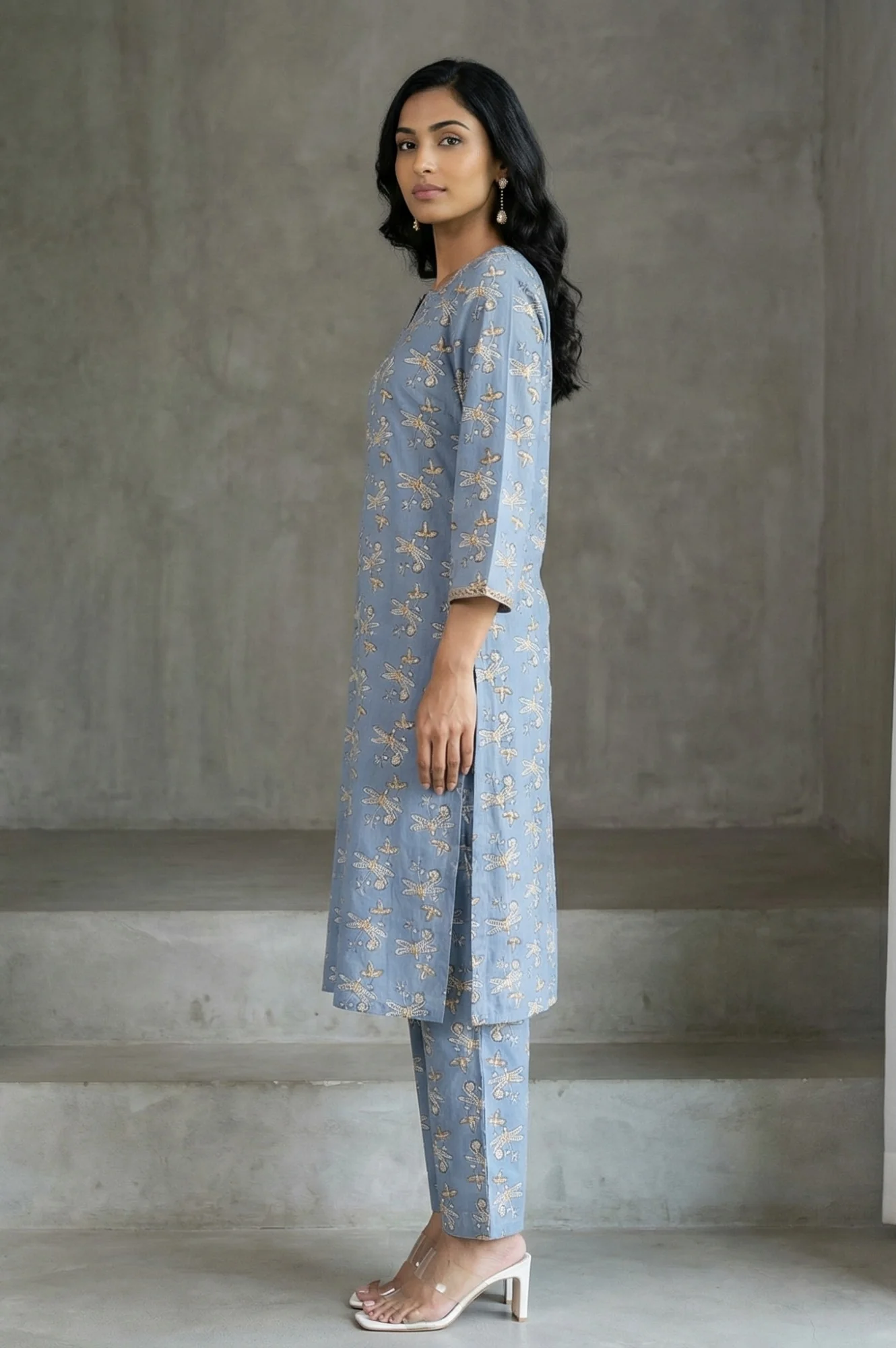 Blue Block Printed Pure Cotton Straight Kurta with Pants and Dupatta Set - Image 6