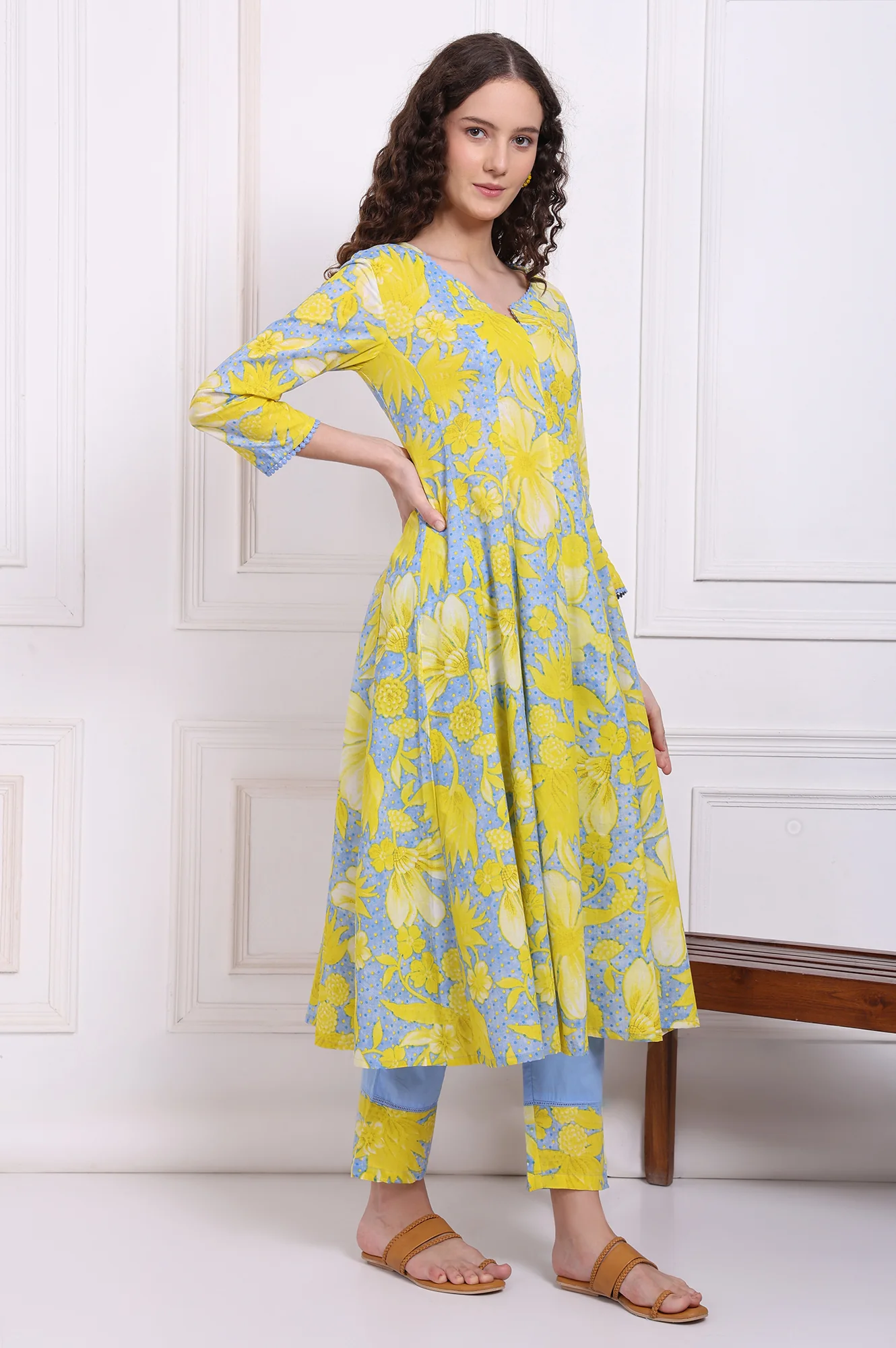 Blue Bold Floral Printed Pure Cotton Flared Kurta, Straight Pants and Dupatta Set - Image 6