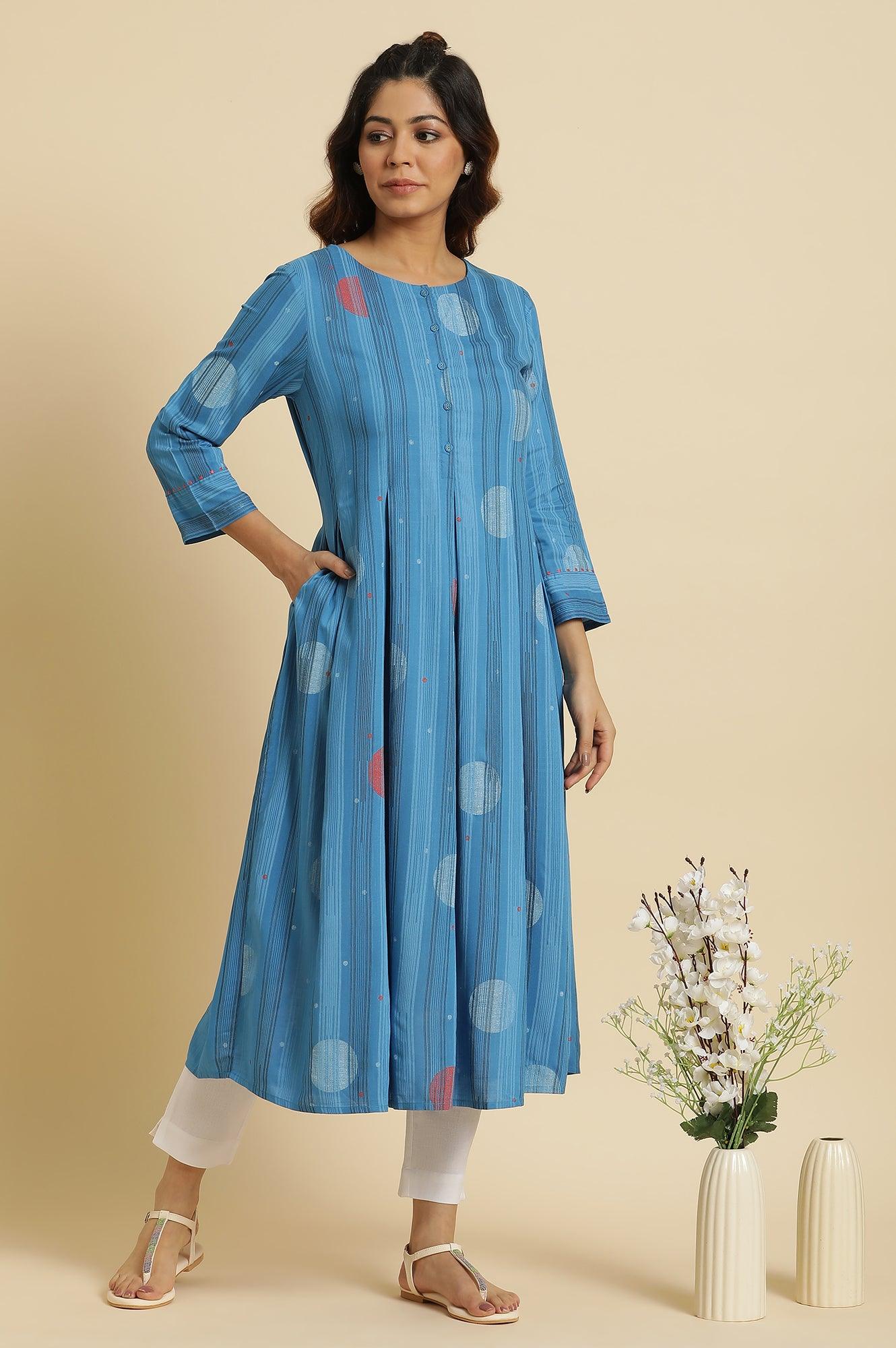 Blue Box Pleats Kurta With Kantha Details - Image 2