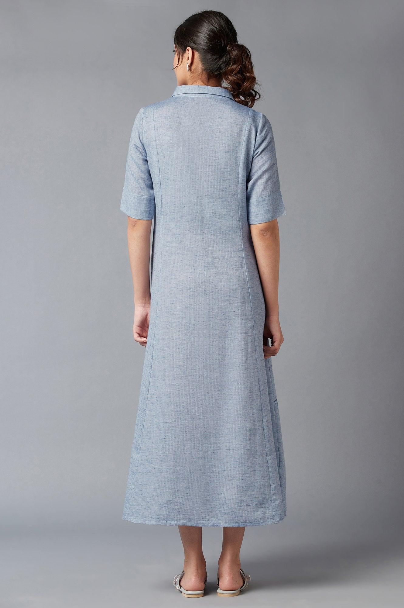 Blue Chambray Embroidered Cotton Dress - Image 2