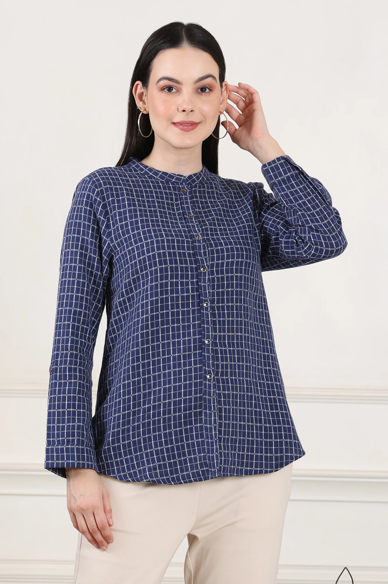 Blue Check Printed Pure Cotton Western Top - Image 2