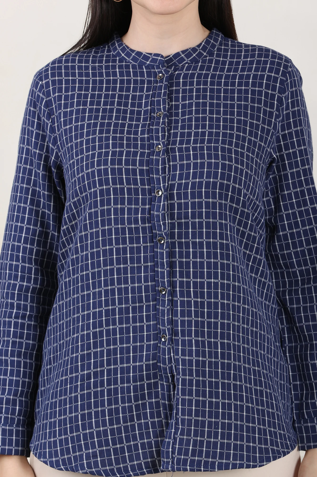 Blue Check Printed Pure Cotton Western Top - Image 3