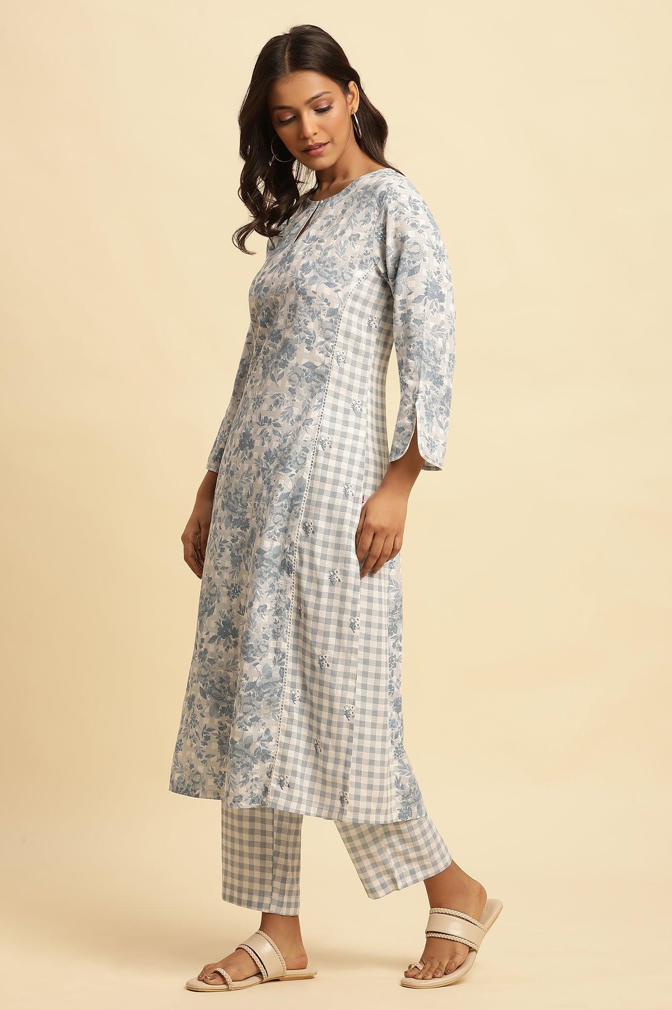 Blue Checker And Floral Printed Kurta - Image 3