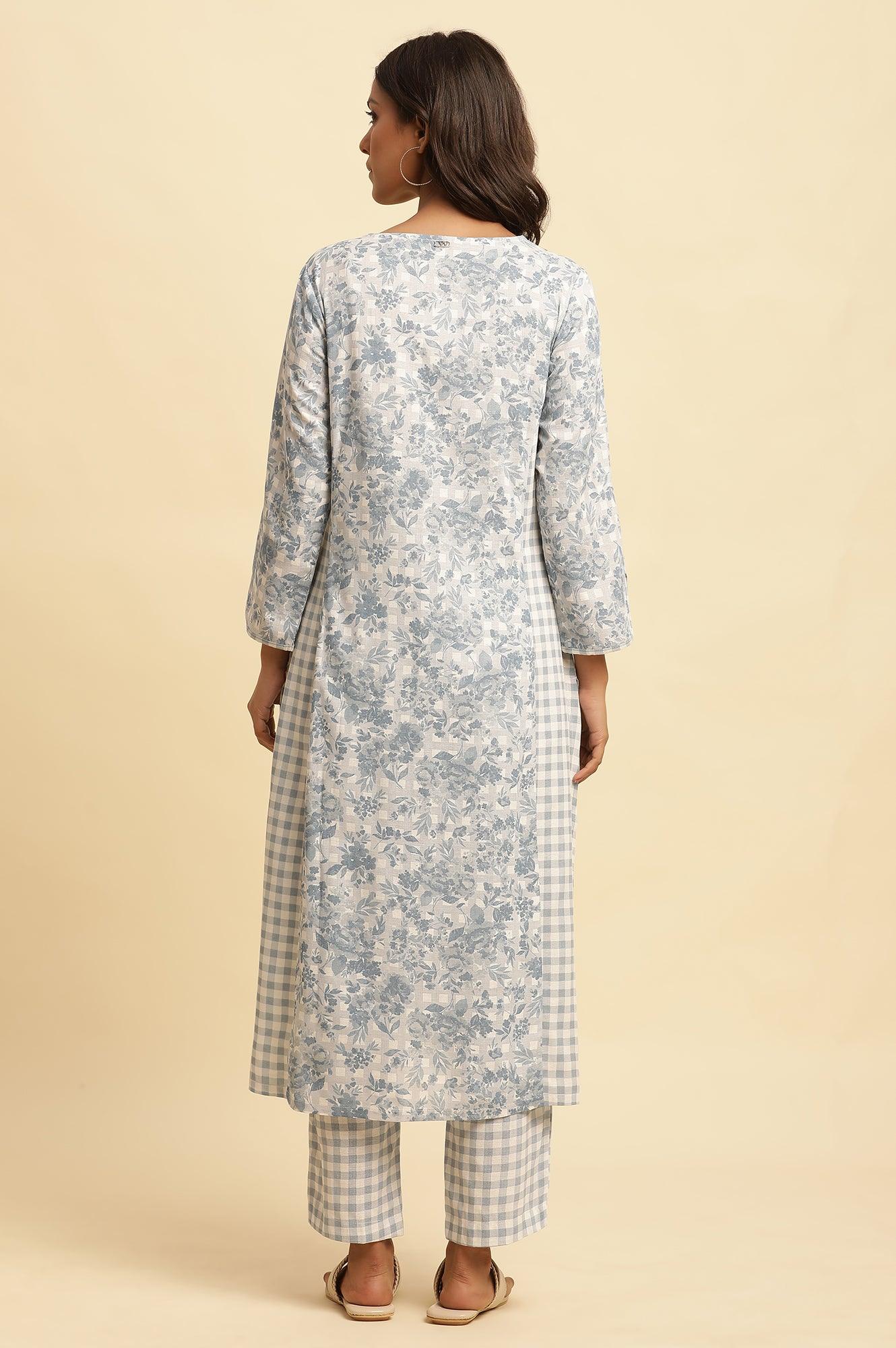 Blue Checker And Floral Printed Kurta - Image 4