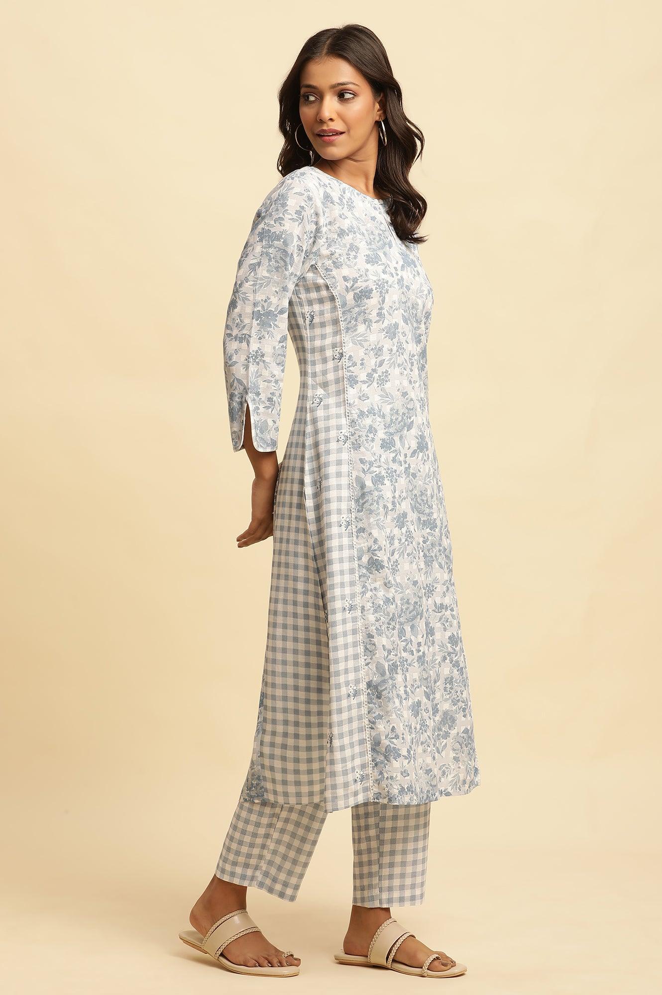 Blue Checker And Floral Printed Kurta - Image 5