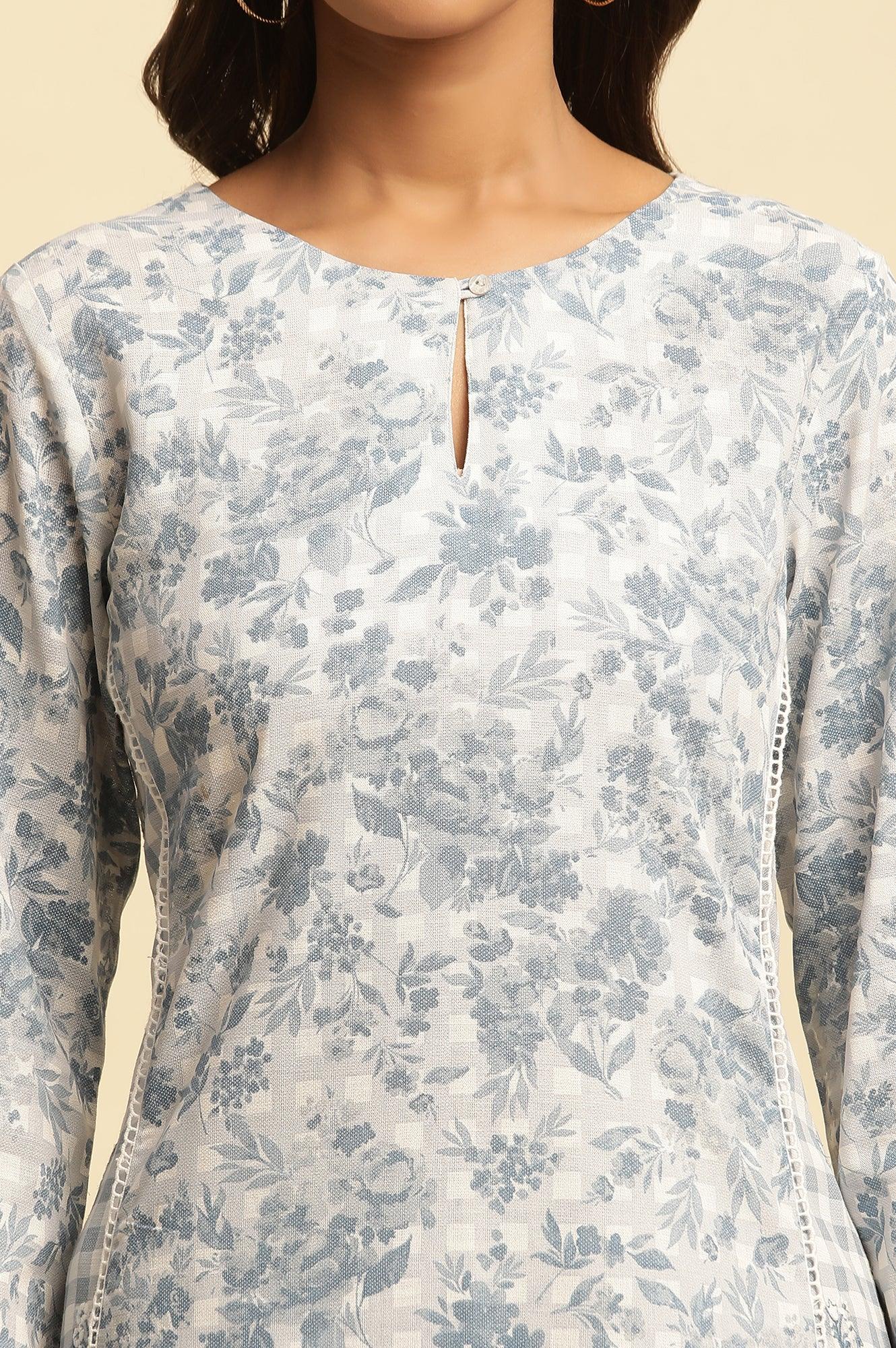 Blue Checker And Floral Printed Kurta - Image 6